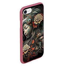 Чехол iPhone 7/8 матовый Японская девушка Irezumi, цвет: 3D-малиновый — фото 2