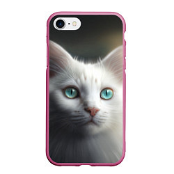 Чехол iPhone 7/8 матовый Милый белый кот с голубыми глазами, цвет: 3D-малиновый