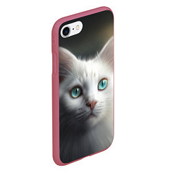 Чехол iPhone 7/8 матовый Милый белый кот с голубыми глазами, цвет: 3D-малиновый — фото 2
