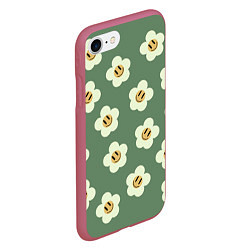Чехол iPhone 7/8 матовый Цветочки-смайлики: темно-зеленый паттерн, цвет: 3D-малиновый — фото 2
