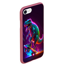Чехол iPhone 7/8 матовый Тиранозавр в кроссовках на скейте - неон, цвет: 3D-малиновый — фото 2