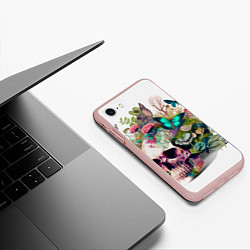 Чехол iPhone 7/8 матовый Красивый череп с листьями и бабочками, цвет: 3D-светло-розовый — фото 2