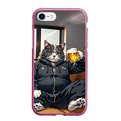 Чехол iPhone 7/8 матовый Толстый кот со стаканом пива, цвет: 3D-малиновый