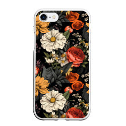 Чехол iPhone 7/8 матовый Цветочный паттерн на черном, цвет: 3D-белый