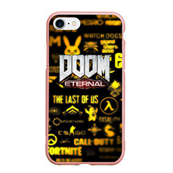 Чехол iPhone 7/8 матовый Doom золотые логотипы игр