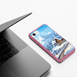 Чехол iPhone 7/8 матовый Новогодняя зимняя деревня, цвет: 3D-малиновый — фото 2