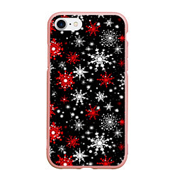 Чехол iPhone 7/8 матовый Белые и красные снежинки на черном фоне - нейросет