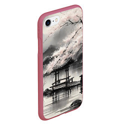 Чехол iPhone 7/8 матовый Пейзаж японское озеро, цвет: 3D-малиновый — фото 2