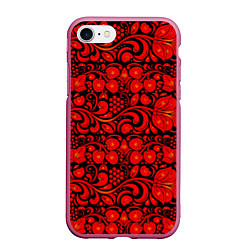 Чехол iPhone 7/8 матовый Хохломская роспись красные цветы и ягоды на чёрном, цвет: 3D-малиновый