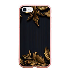 Чехол iPhone 7/8 матовый Золотые объемные листья на черном, цвет: 3D-светло-розовый