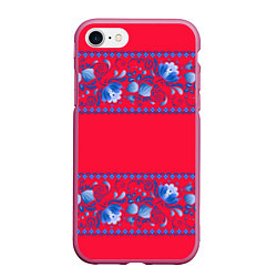 Чехол iPhone 7/8 матовый Голубая гжель на красном фоне, цвет: 3D-малиновый