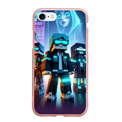 Чехол iPhone 7/8 матовый Minecraft - neon metropolis ai art, цвет: 3D-светло-розовый