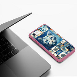 Чехол iPhone 7/8 матовый Кошка на дениме - пэчворк, цвет: 3D-малиновый — фото 2