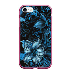 Чехол iPhone 7/8 матовый Синие цветы абстракции, цвет: 3D-малиновый