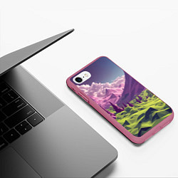 Чехол iPhone 7/8 матовый Геометрический зеленый пейзаж и фиолетовые горы, цвет: 3D-малиновый — фото 2