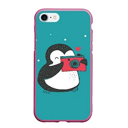 Чехол iPhone 7/8 матовый Пингвин с фотоаппаратом, цвет: 3D-малиновый