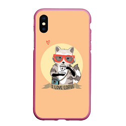 Чехол iPhone XS Max матовый Raccoon Love Coffee, цвет: 3D-малиновый