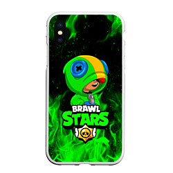 Чехол iPhone XS Max матовый BRAWL STARS LEON ЛЕОН ЗЕЛЁНЫЙ ОГОНЬ