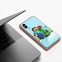 Чехол iPhone XS Max матовый MINECRAFT НОВОГОДНИЙ, цвет: 3D-коричневый — фото 2