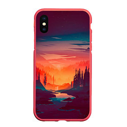 Чехол iPhone XS Max матовый Minimal forest sunset, цвет: 3D-красный