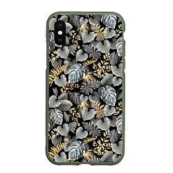 Чехол iPhone XS Max матовый Серебряные листочки, цвет: 3D-темно-зеленый