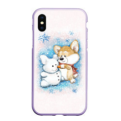 Чехол iPhone XS Max матовый Корги и снеговик, цвет: 3D-светло-сиреневый