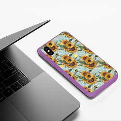 Чехол iPhone XS Max матовый Подсолнухи и пчёлы на голубом, цвет: 3D-фиолетовый — фото 2