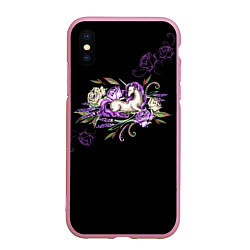 Чехол iPhone XS Max матовый Единорог среди роз, цвет: 3D-розовый