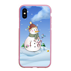 Чехол iPhone XS Max матовый Веселый Снеговичок, цвет: 3D-розовый