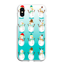 Чехол iPhone XS Max матовый Веселые снеговички узор, цвет: 3D-белый