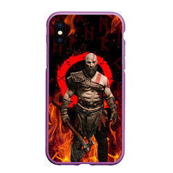 Чехол iPhone XS Max матовый GOD OF WAR РАГНАРЁК, КРАТОС В ОГНЕ, цвет: 3D-фиолетовый