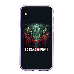 Чехол iPhone XS Max матовый ПЕРСОНАЖИ БУМАЖНЫЙ ДОМ - LA CASA DE PAPEL, цвет: 3D-светло-сиреневый