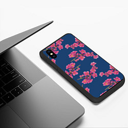 Чехол iPhone XS Max матовый Веточки айвы с розовыми цветами на синем фоне, цвет: 3D-черный — фото 2