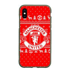 Чехол iPhone XS Max матовый FC Manchester United: Новогодний узор, цвет: 3D-темно-зеленый