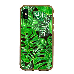 Чехол iPhone XS Max матовый Тропические листья на темном фоне, цвет: 3D-коричневый