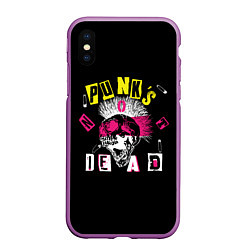 Чехол iPhone XS Max матовый PUNKS NOT DEAD ирокез, булавки, череп, цвет: 3D-фиолетовый