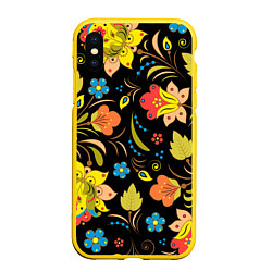 Чехол iPhone XS Max матовый Русские узорыХохлома, цвет: 3D-желтый