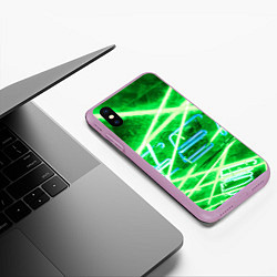 Чехол iPhone XS Max матовый Неоновые лучи и буквы - Зелёный, цвет: 3D-сиреневый — фото 2