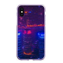 Чехол iPhone XS Max матовый Неоновый город с высоты - Фиолетовый, цвет: 3D-светло-сиреневый