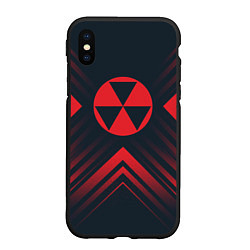 Чехол iPhone XS Max матовый Красный Символ Fallout на темном фоне со стрелками, цвет: 3D-черный