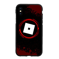 Чехол iPhone XS Max матовый Символ Roblox и краска вокруг на темном фоне