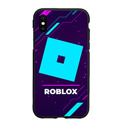 Чехол iPhone XS Max матовый Символ Roblox в неоновых цветах на темном фоне