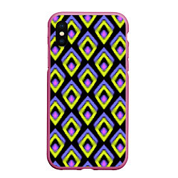 Чехол iPhone XS Max матовый Yellow-pink rhombuses on black, цвет: 3D-малиновый