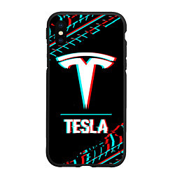 Чехол iPhone XS Max матовый Значок Tesla в стиле Glitch на темном фоне