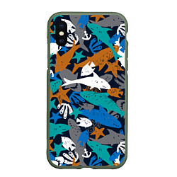 Чехол iPhone XS Max матовый Акула и другие обитатели океана, цвет: 3D-темно-зеленый
