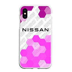 Чехол iPhone XS Max матовый Nissan pro racing: символ сверху, цвет: 3D-белый