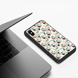 Чехол iPhone XS Max матовый Белые, синие бабочки на светлом пятнистом фоне, цвет: 3D-черный — фото 2