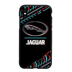 Чехол iPhone XS Max матовый Значок Jaguar в стиле glitch на темном фоне