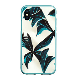 Чехол iPhone XS Max матовый Листья тропические тёмно-синие, цвет: 3D-мятный
