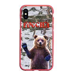 Чехол iPhone XS Max матовый Российский медведь на фоне берёзы, цвет: 3D-красный